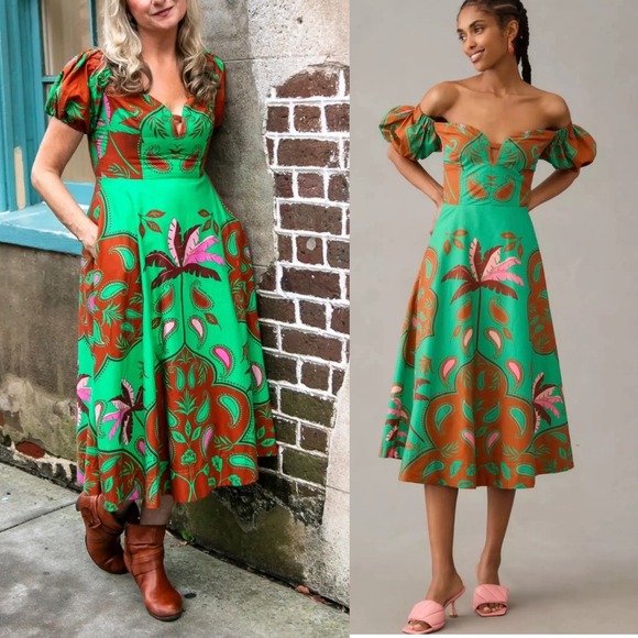 Anthropologie Dresses & Skirts - Anthropologie Maeve green puff sleeves floral sweetheart‎ midi dress 2 vacation